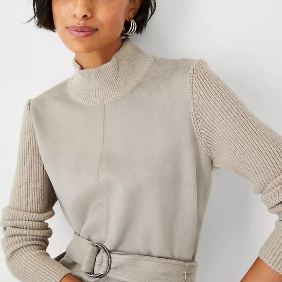 Petite Mixed Faux Suede Belted Sheath Dress - Picture 3 of 3